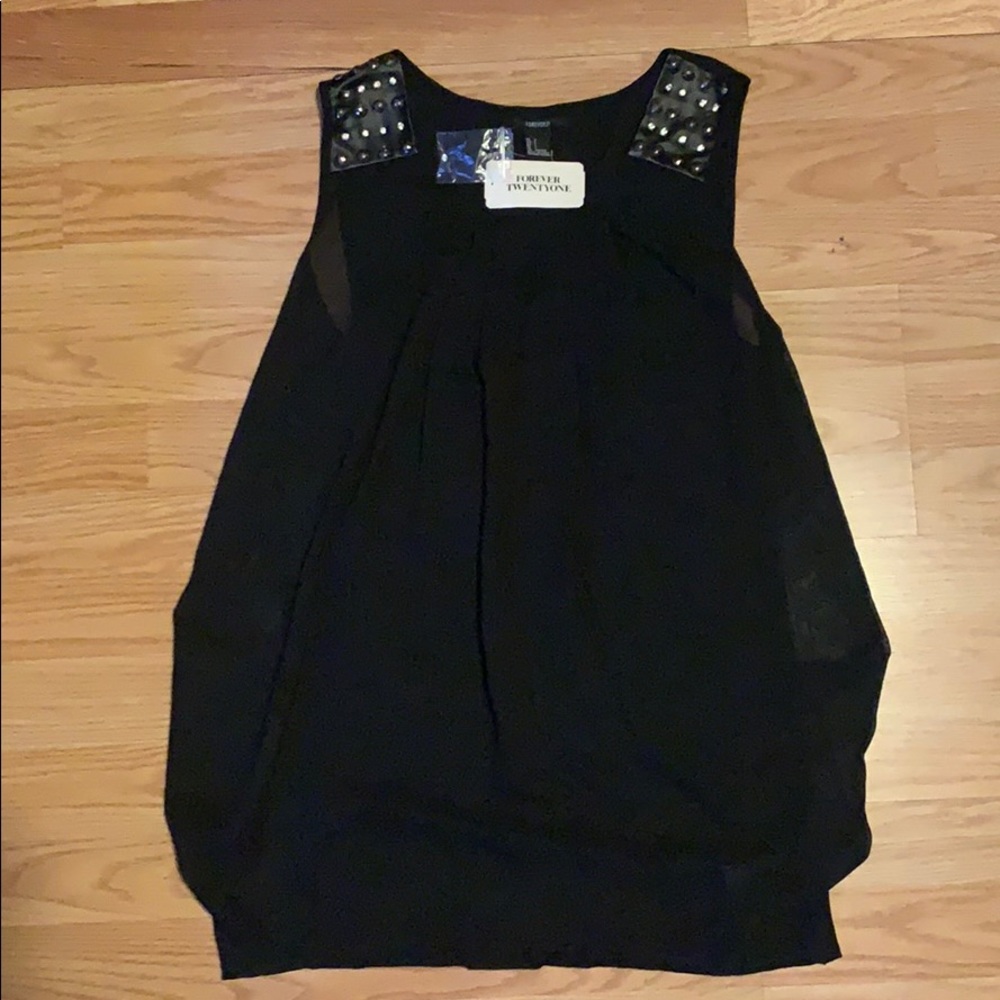 Party top! Black tank with leather detail, studs
